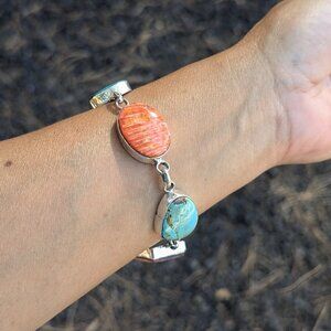 Authentic Navajo Link Bracelet Turquoise Silver Handmade by Jeanette Yazzie 8in*